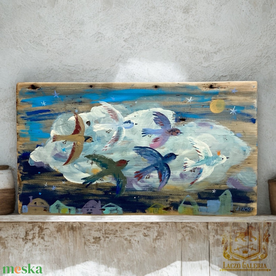 Vándorfelhő - Rusztikus Fatábla, Ajándék ötlet - Egyedi Falidísz, Gyerekszoba, Madár, Város - otthon & életmód - dekoráció - fali és függő dekoráció - falra akasztható dekor - Meska.hu