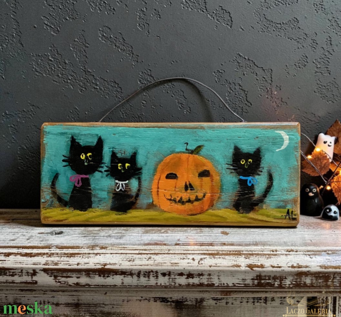 3 Kormi és a Halloween Tök - Rusztikus Fatábla, Vicces Ajándék ötlet - Egyedi Falidísz, Macska, Cica, Falikép - otthon & életmód - dekoráció - halloween - halloweeni dekoráció - Meska.hu