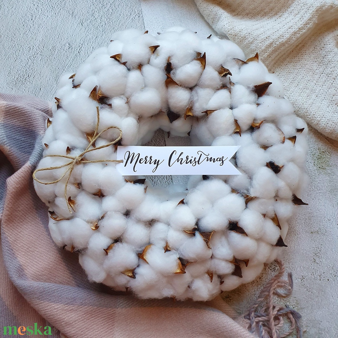 Gyapot karácsonyi koszorú, kopogtató - karácsony - karácsonyi lakásdekoráció - karácsonyi ajtódíszek - Meska.hu