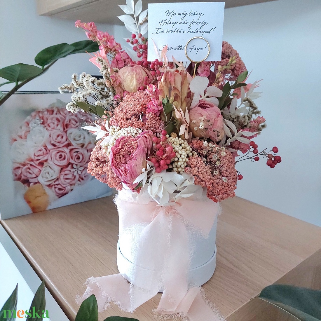Szülőköszöntő szárazvirág box, virágbox, Anyák napjára, születésnapra, rózsaszín - esküvő - emlék & ajándék - szülőköszöntő ajándék - Meska.hu