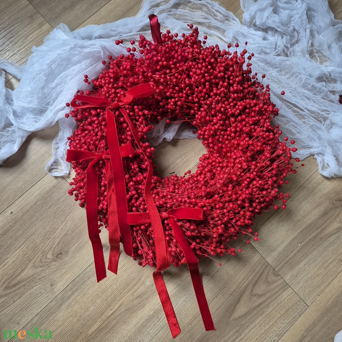 Karácsonyi hangulatú szárazvirág len koszorú, kopogtató, ajtódísz bársony masnikkal - karácsony - karácsonyi lakásdekoráció - karácsonyi ajtódíszek - Meska.hu