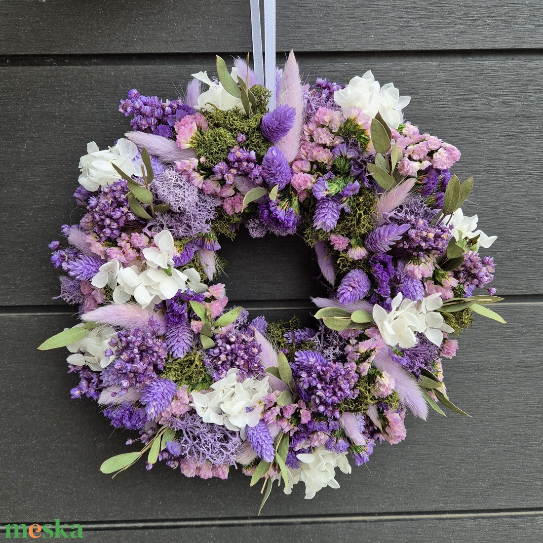 Húsvéti, tavaszi szárazvirág kopogtató lila-zöld színben - ünnepi díszek, dekorációk - húsvéti díszek és dekorációk - húsvéti ajtódísz, kopogtató - Meska.hu