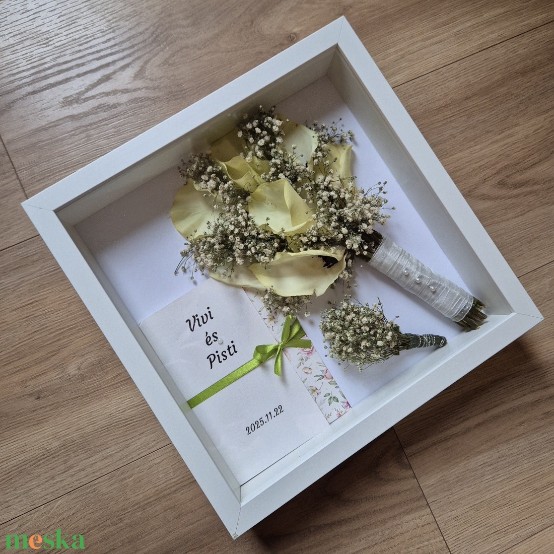 Menyasszonyi csokor megörökítés, csokor tartósítás képkeretben, 25x25 cm  - esküvő - menyasszonyi- és dobócsokor - Meska.hu
