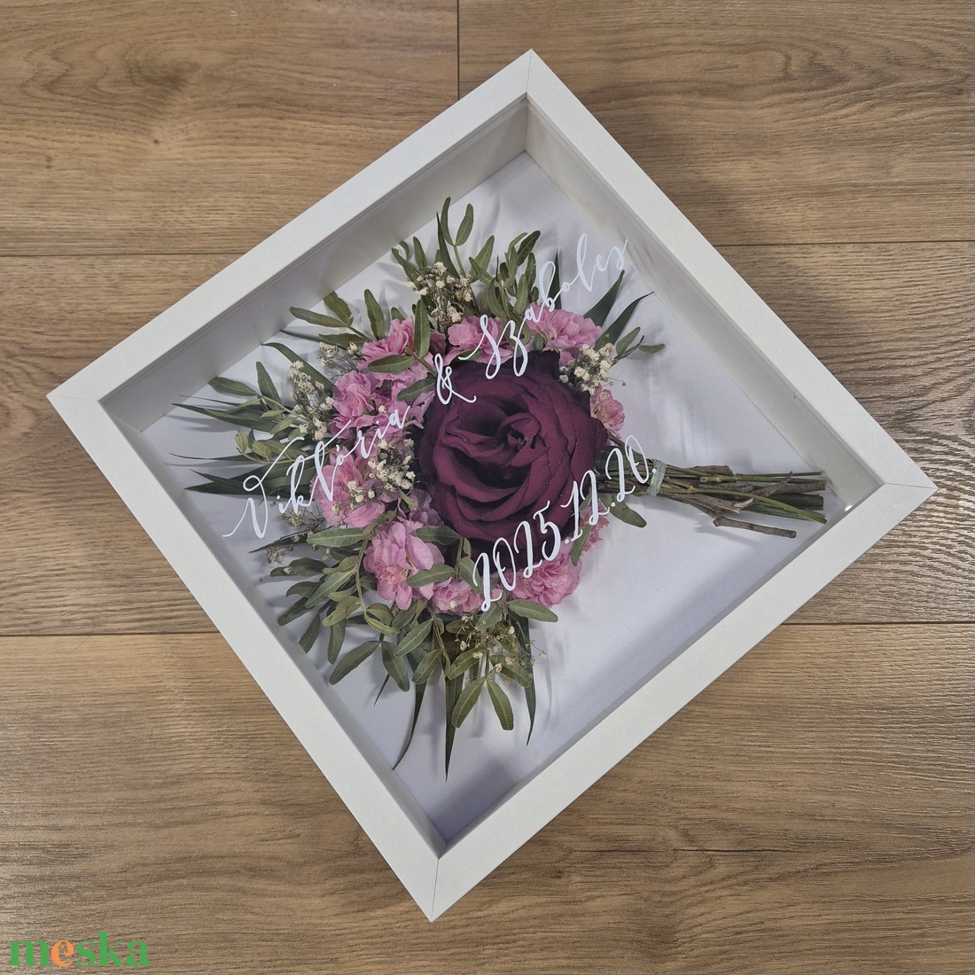 Menyasszonyi csokor megörökítés, csokor tartósítás képkeretben, 25x25 cm  - esküvő - menyasszonyi- és dobócsokor - Meska.hu