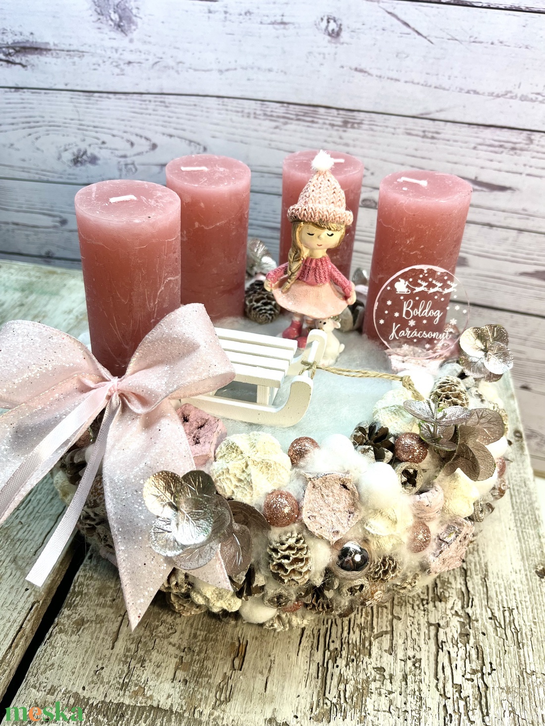 Rózsaszín kislánnyal adventi koszorú - karácsony - adventi díszek - adventi asztaldísz - Meska.hu