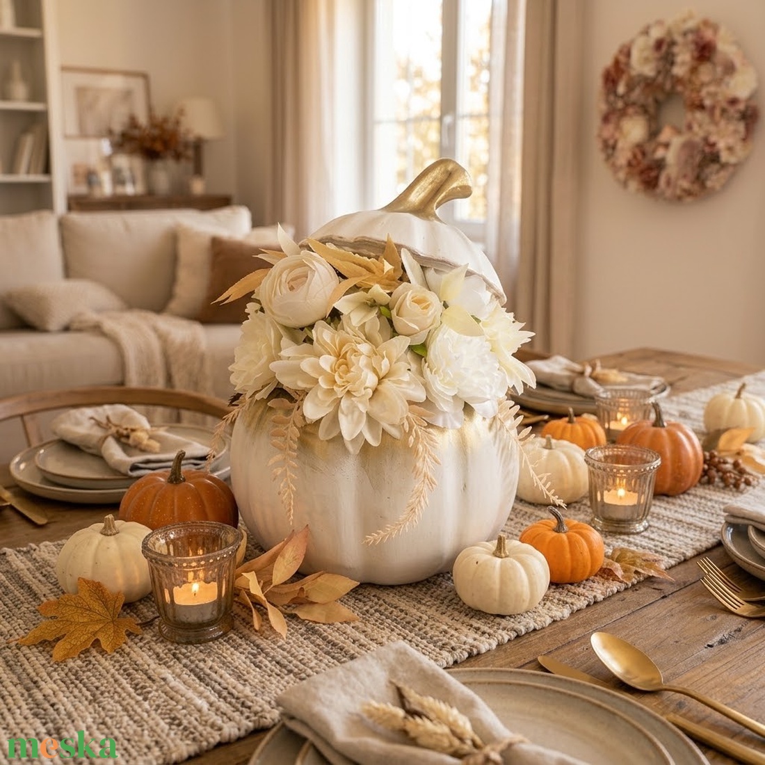 Pumpkin flower-gold white - otthon & életmód - dekoráció - asztal és polc dekoráció - asztaldísz - Meska.hu