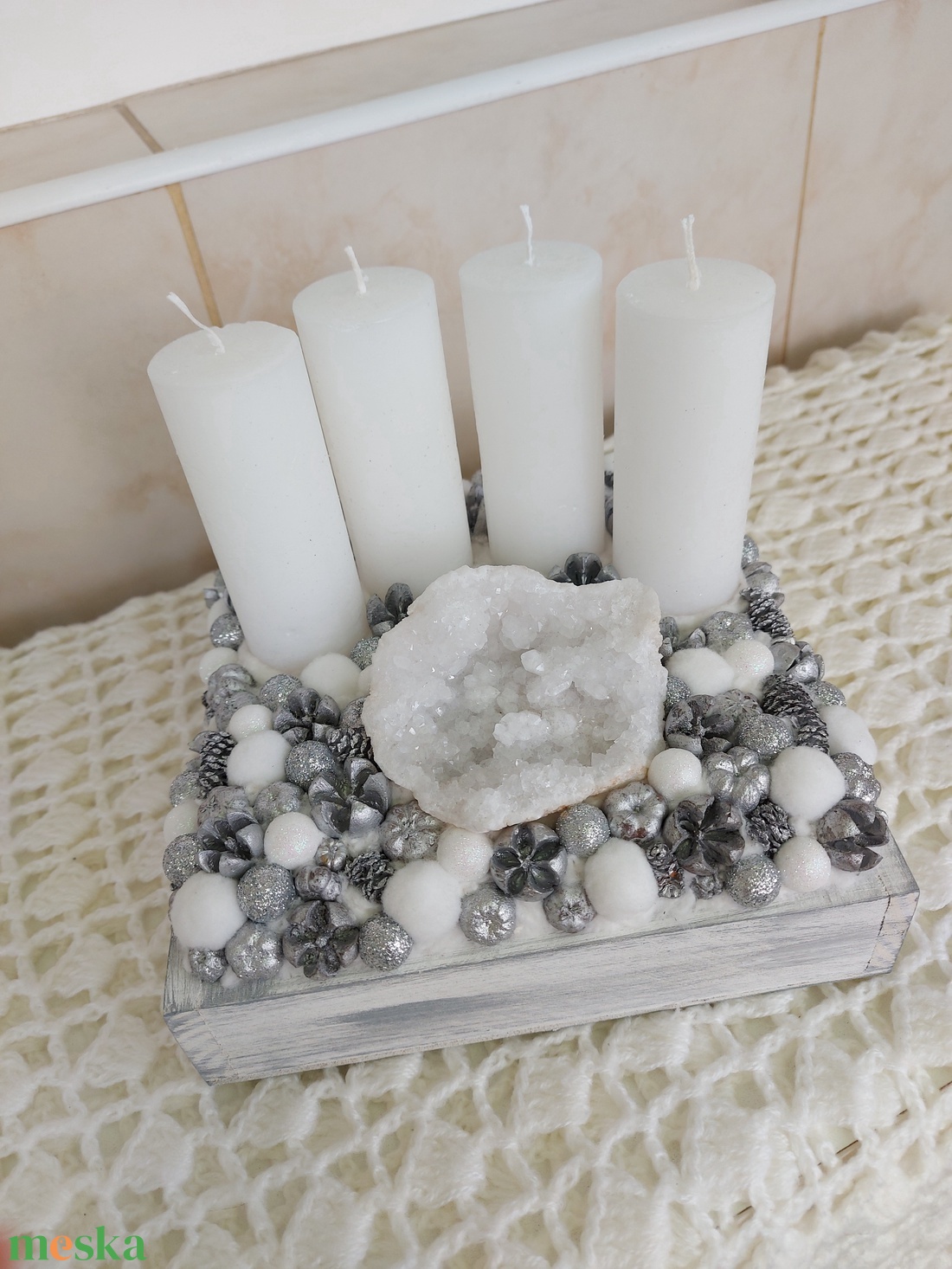 Ezüst adventi koszorú  - karácsony - adventi díszek - adventi koszorú - Meska.hu