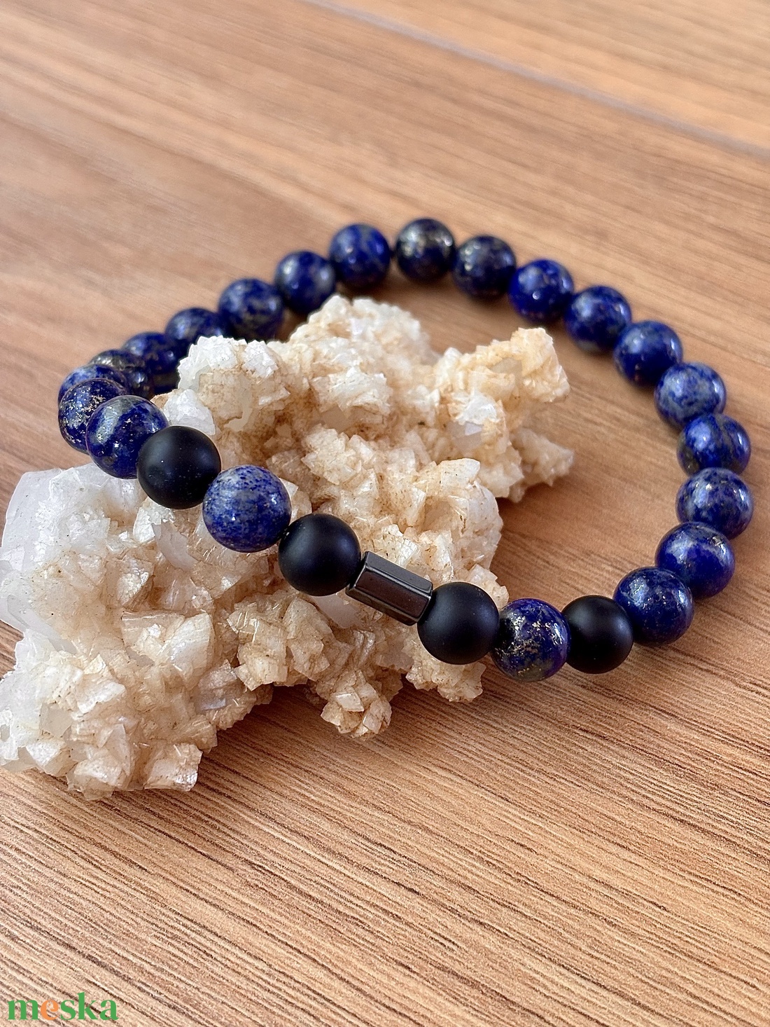 Lapis lazuli férfi karkötő ónixxal - ékszer - karkötő - gyöngyös karkötő - Meska.hu