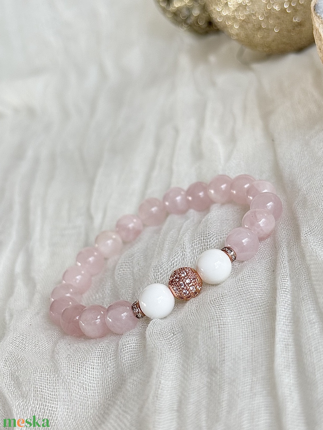 rózsakvarc karkötő kagylóval - ékszer - karkötő - ásványkarkötő - Meska.hu
