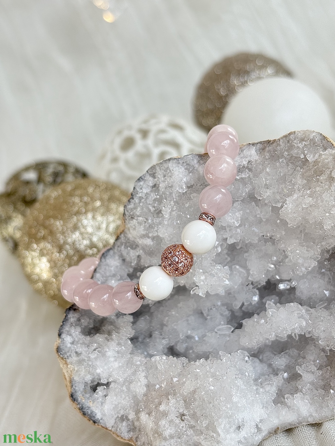 rózsakvarc karkötő kagylóval - ékszer - karkötő - ásványkarkötő - Meska.hu