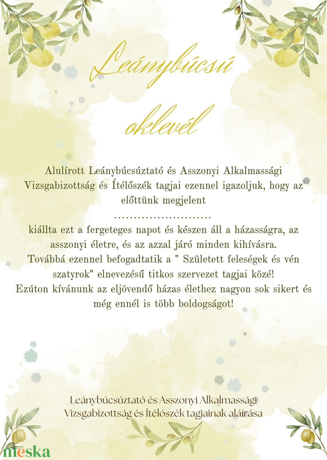 Leánybúcsú oklevél- olasz stílusú - esküvő - lánybúcsú - Meska.hu