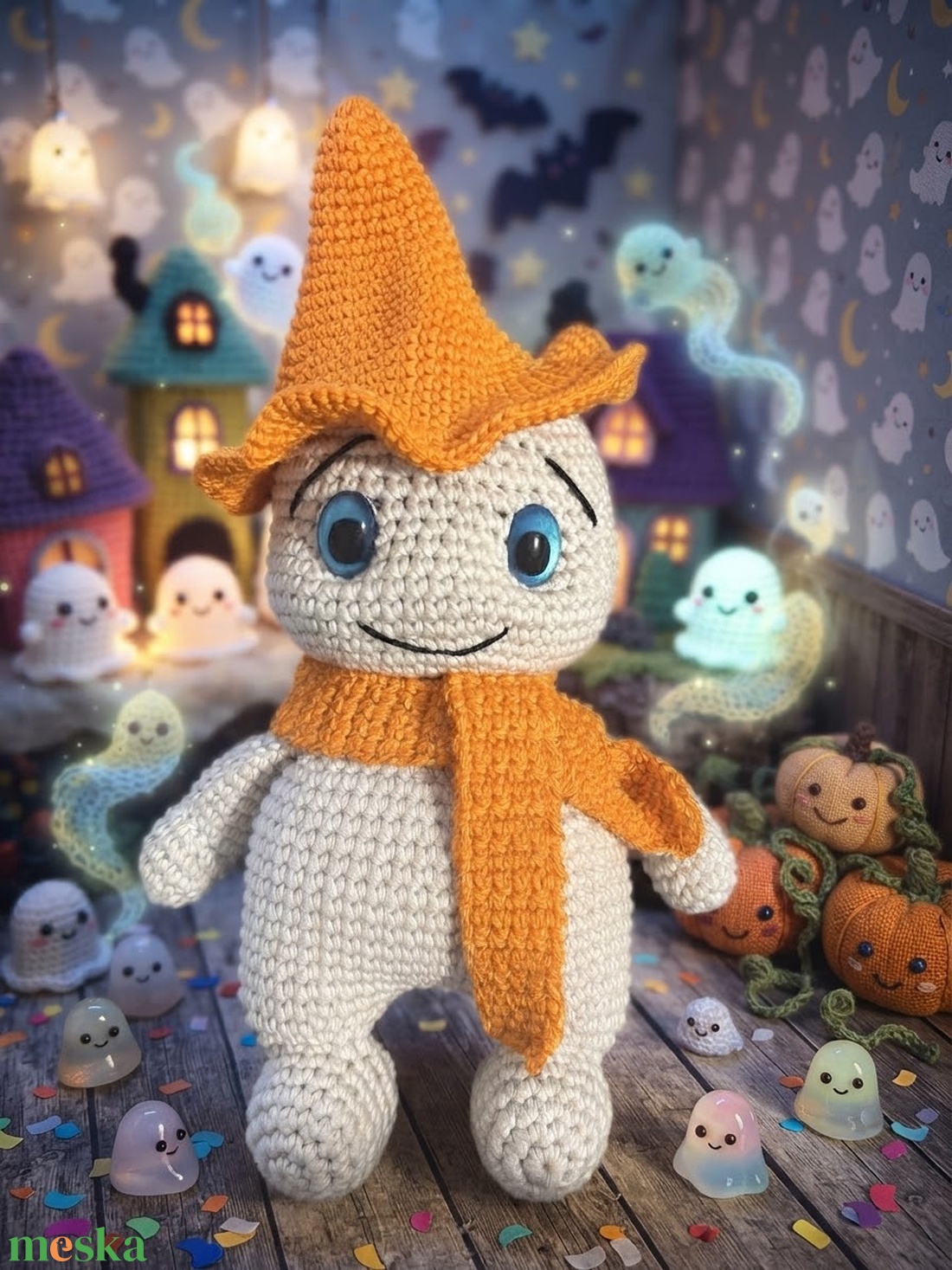 Horgolt szellem levehető kalappal, biztonsági szemmel - otthon & életmód - dekoráció - halloween - halloweeni figurák - Meska.hu