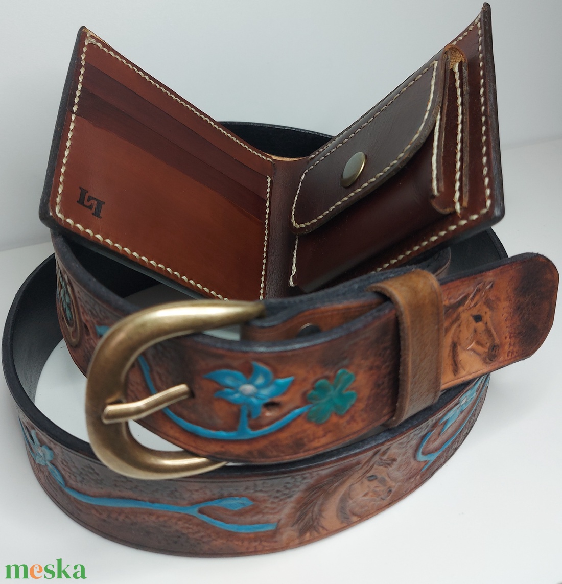 Marhabőr Lovas Pénztárca öv szett - táska & tok - pénztárca & más tok - fülhallgató tok  - Meska.hu