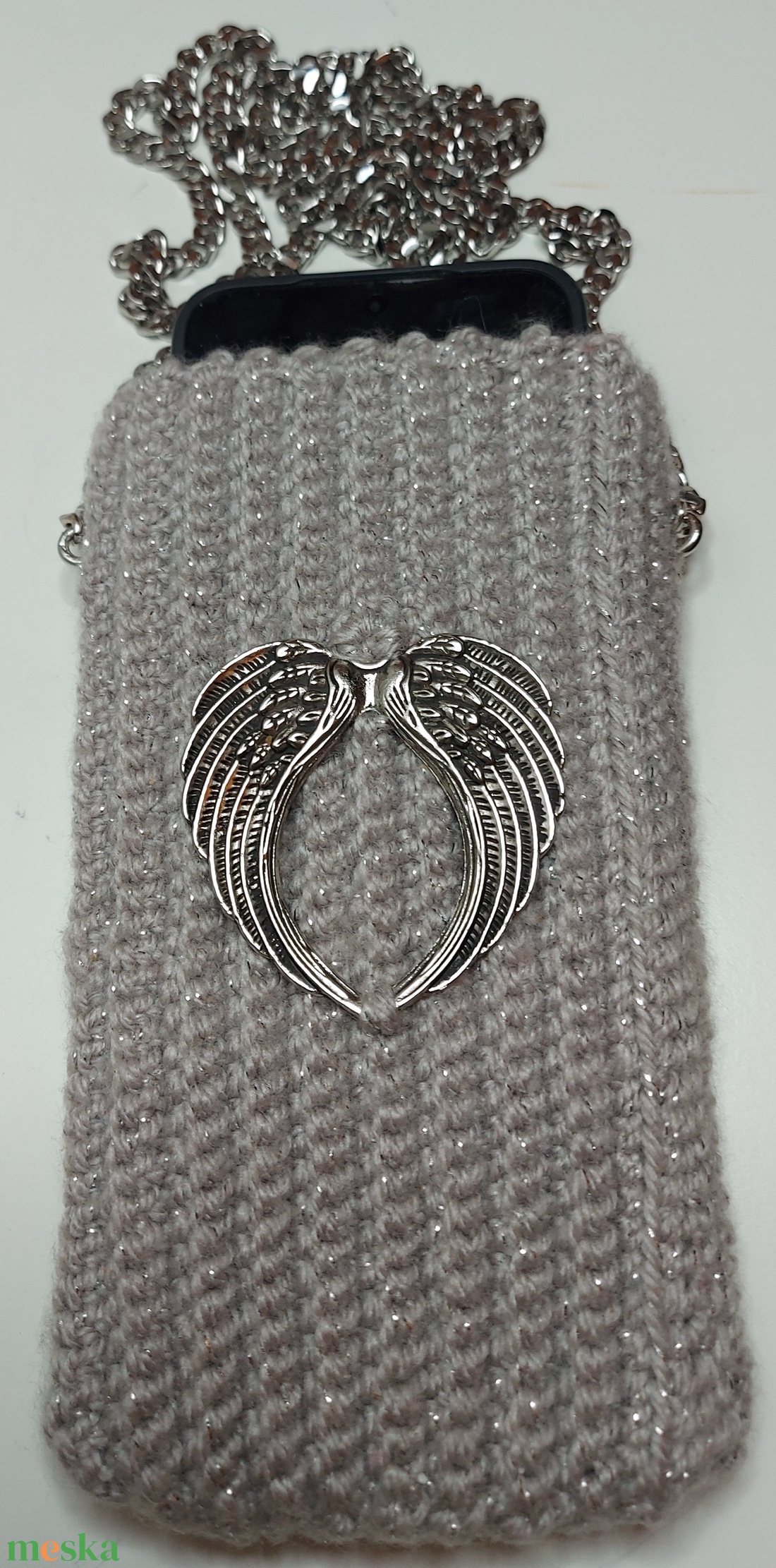 Horgolt ezüst színű telefontartó.  - otthon & életmód - tárolás & rendszerezés - asztali telefontartó - Meska.hu