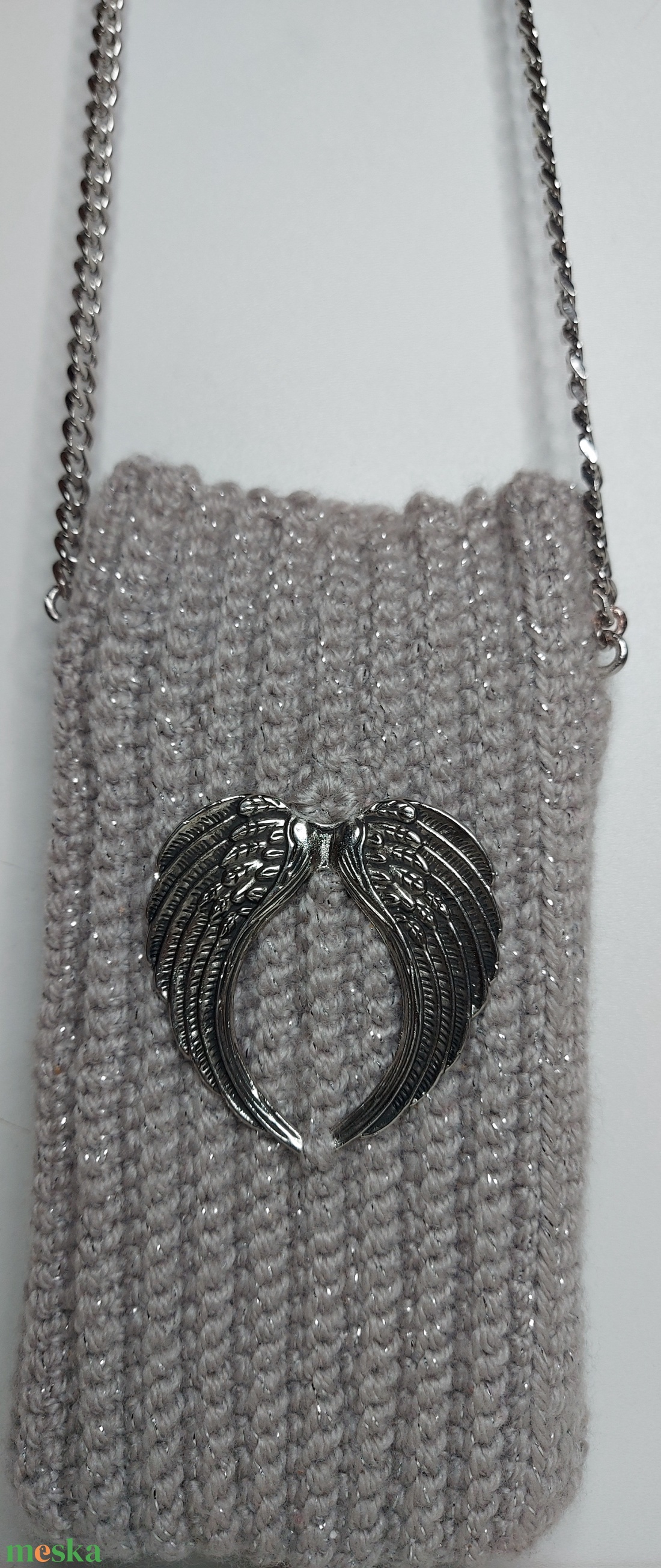 Horgolt ezüst színű telefontartó.  - otthon & életmód - tárolás & rendszerezés - asztali telefontartó - Meska.hu