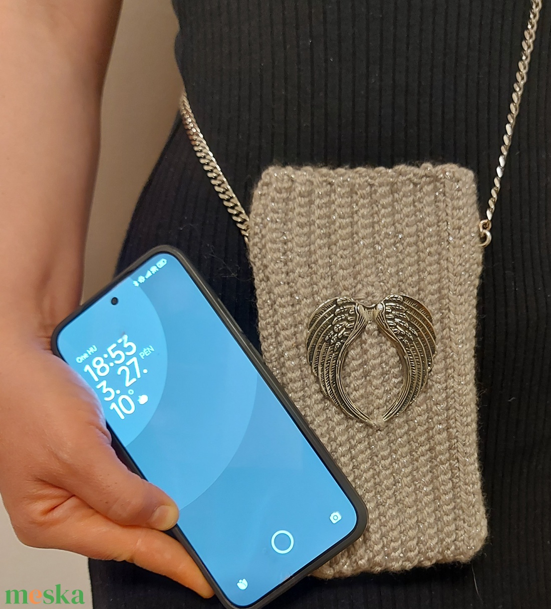 Horgolt ezüst színű telefontartó.  - otthon & életmód - tárolás & rendszerezés - asztali telefontartó - Meska.hu