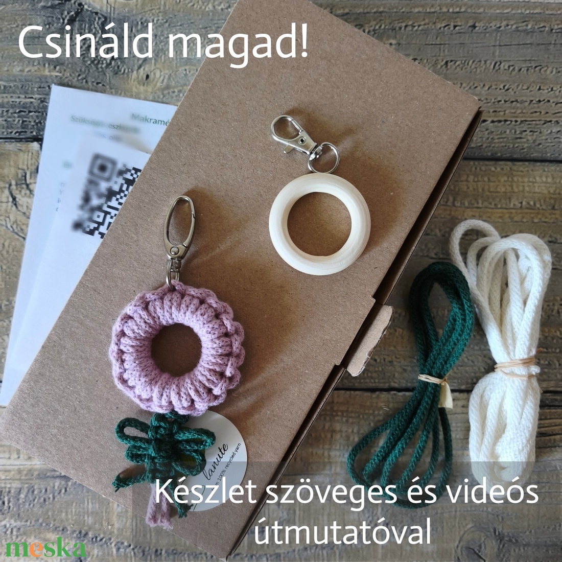 Csináld magad! Virág formájú makramé táskadísz, kulcstartó természetes anyagokból, saját készítésű ajándék - diy (csináld magad) - egységcsomag - Meska.hu