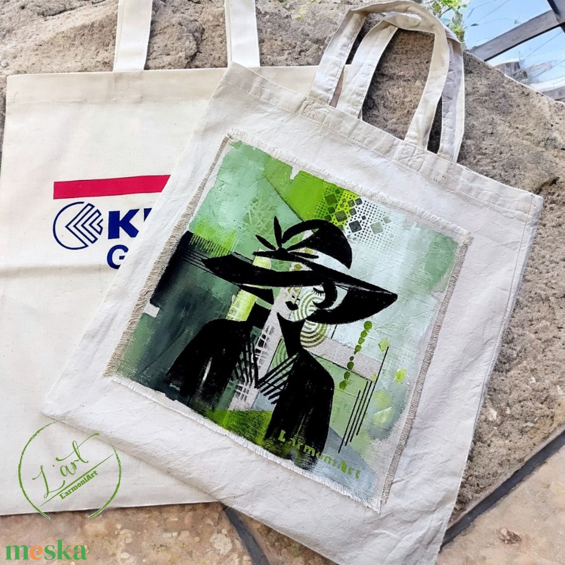 Kézzel festett táska, modern kalapos nő, művészet és újrahasznosítás találkozása - táska & tok - bevásárlás & shopper táska - kenyeres zsák - Meska.hu Kézzel festett táska, modern kalapos nő, művészet és újrahasznosítás találkozása - táska & tok - bevásárlás & shopper táska - kenyeres zsák - Meska.hu