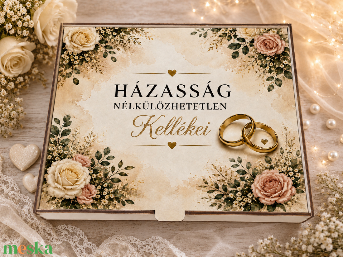 A házasság nélkülözhetetlen kellékei doboz  - esküvő - emlék & ajándék - doboz - Meska.hu
