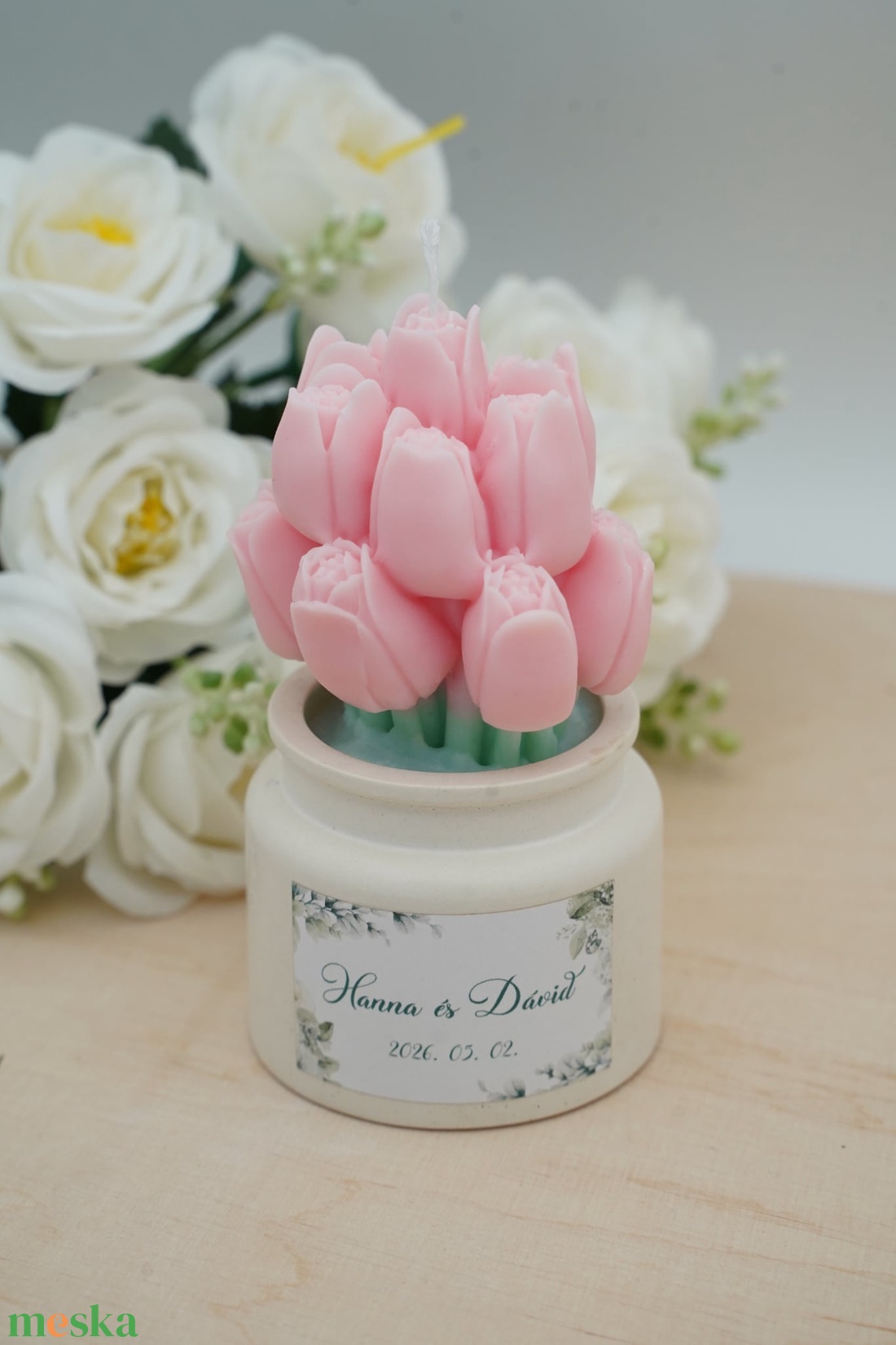 Tulipáncsokor kerámia kaspóban, szójaviasz illatgyertya - kellékek & szerszámok - dekorációs kellékek - dekorációs gyertya - Meska.hu