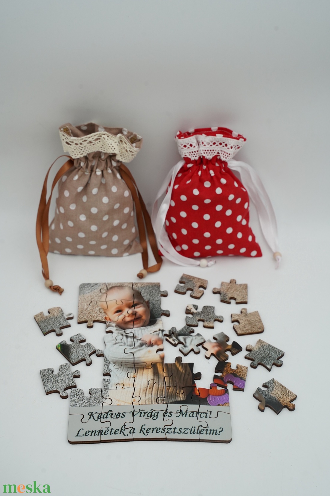 Keresztszülő felkérő fényképes fa puzzle, akár gravírozott fa dobozban/vászontasakban - baba - mama - keresztelő kellékek - keresztszülő felkérő - Meska.hu