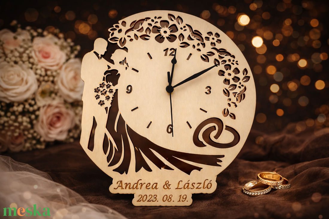 Gravírozott falióra, esküvői designnal, fából - otthon & életmód - dekoráció - fali és függő dekoráció - falióra & óra - Meska.hu