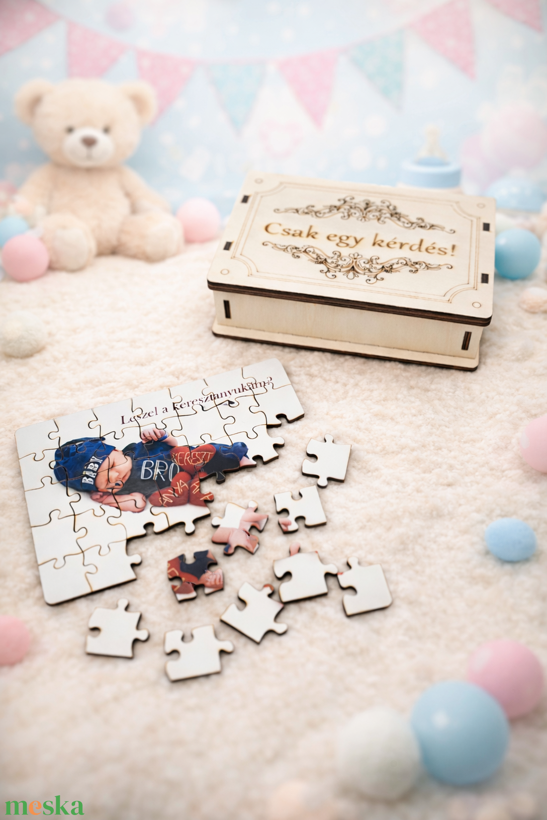 Keresztszülő felkérő fényképes fa puzzle, akár gravírozott fa dobozban/vászontasakban - baba - mama - keresztelő kellékek - keresztszülő felkérő - Meska.hu