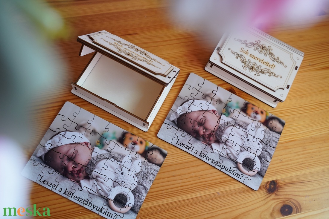 Keresztszülő felkérő fényképes fa puzzle, akár gravírozott fa dobozban/vászontasakban - baba - mama - keresztelő kellékek - keresztszülő felkérő - Meska.hu