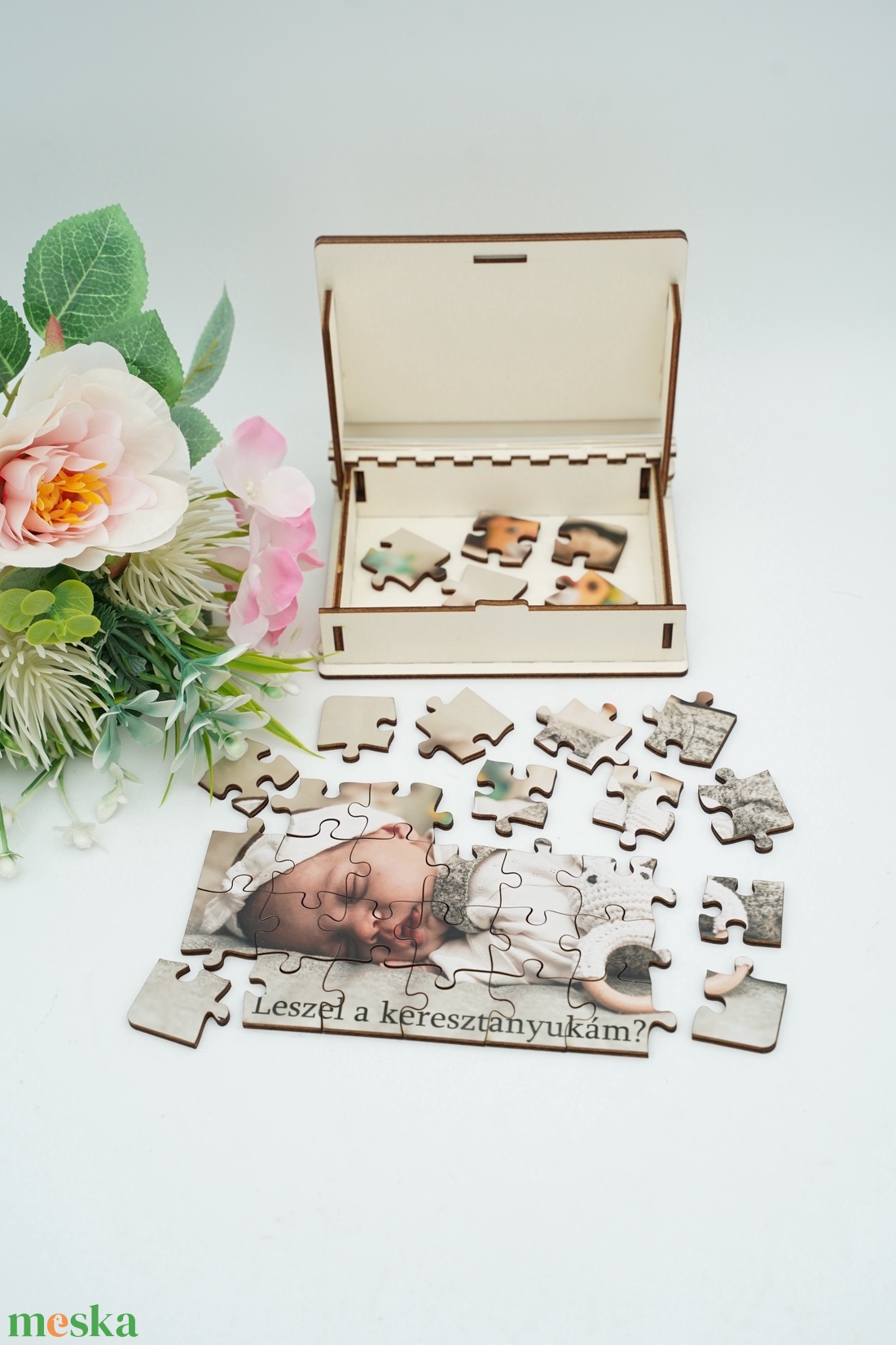 Keresztszülő felkérő fényképes fa puzzle, akár gravírozott fa dobozban/vászontasakban - baba - mama - keresztelő kellékek - keresztszülő felkérő - Meska.hu
