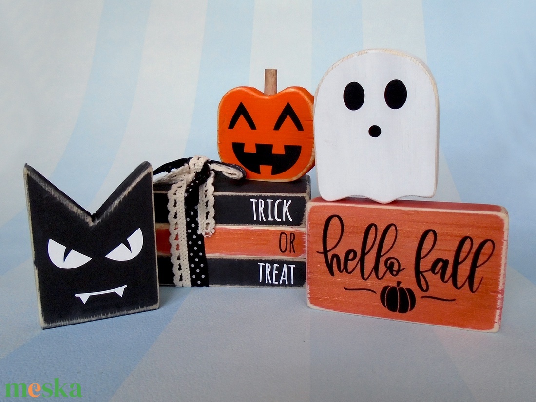 Őszi dekoráció szett (5 db): Denevér, Tök, Szellem, Tábla, Könyvek - otthon & életmód - dekoráció - halloween - halloweeni dekoráció - Meska.hu