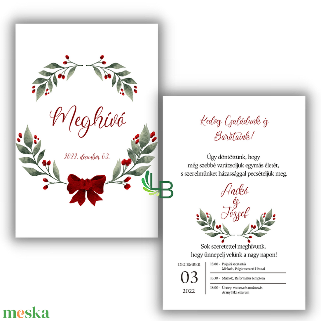 Téli, koszorús esküvői meghívó, 2 oldalas - esküvő - meghívó & kártya - meghívó - Meska.hu