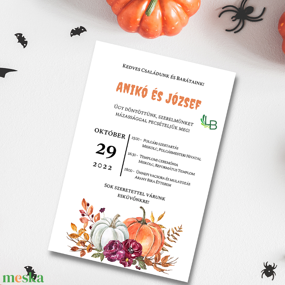 Esküvői meghívó sütőtök kompozícióval, Halloween stílusban - esküvő - meghívó & kártya - meghívó - Meska.hu