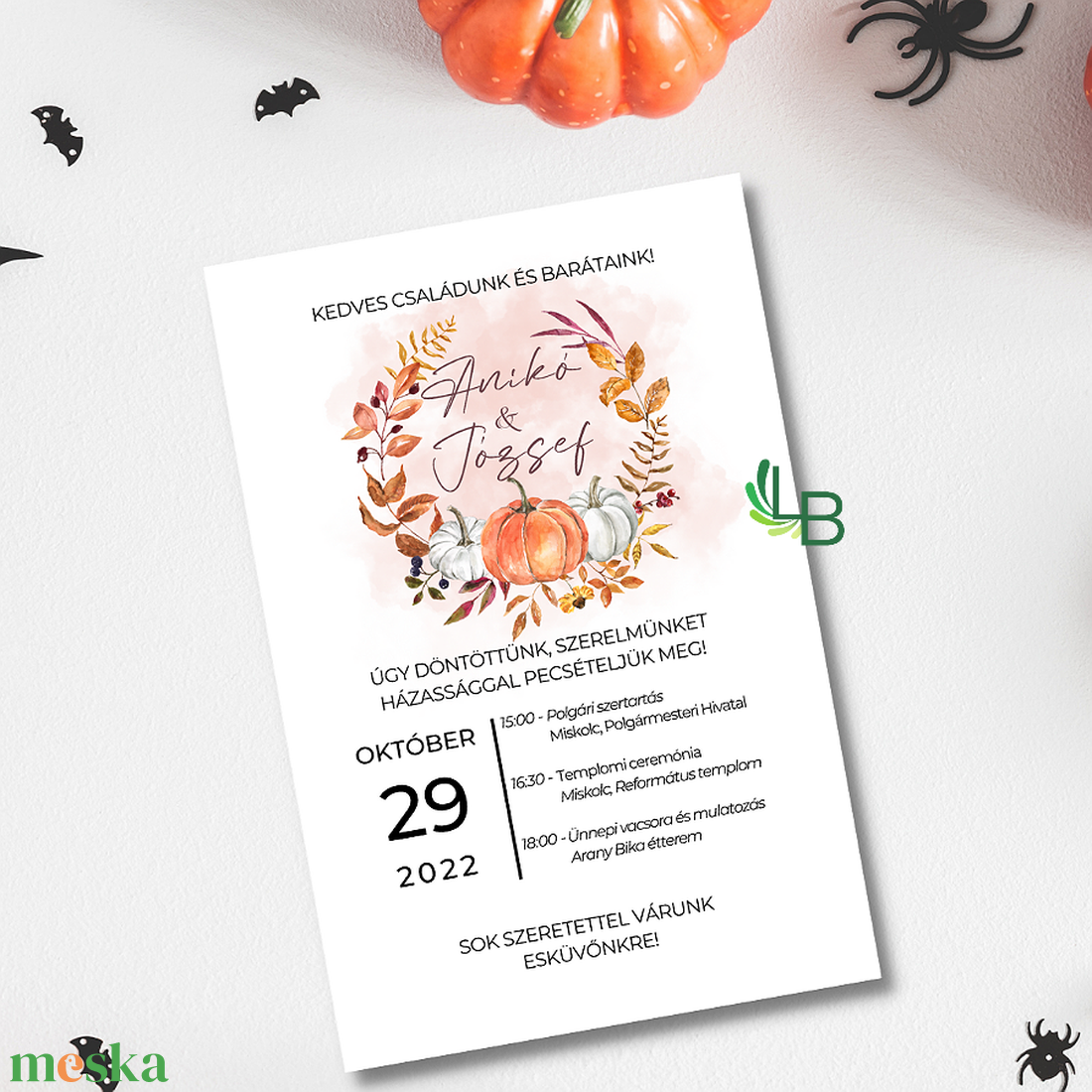 Esküvői meghívó sütőtökös koszorúval,Halloween stílusban - esküvő - meghívó & kártya - meghívó - Meska.hu