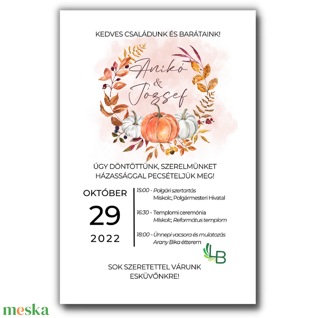 Esküvői meghívó sütőtökös koszorúval,Halloween stílusban - esküvő - meghívó & kártya - meghívó - Meska.hu