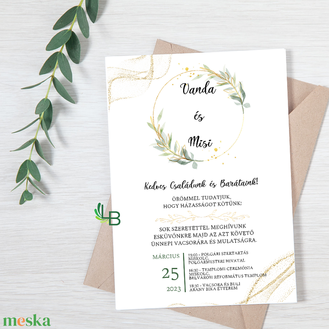 Esküvői meghívó greenary-arany A1 - esküvő - meghívó & kártya - meghívó - Meska.hu