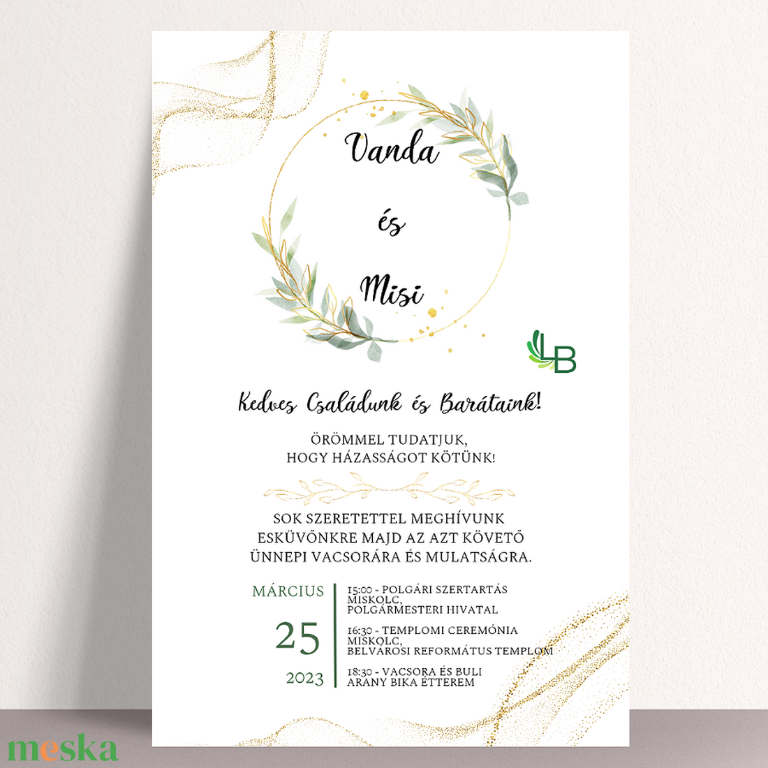 Esküvői meghívó greenary-arany A1 - esküvő - meghívó & kártya - meghívó - Meska.hu