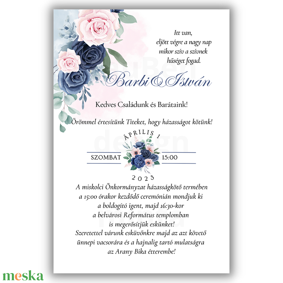 Esküvői meghívó, pink-navy rózsával - esküvő - meghívó & kártya - meghívó - Meska.hu