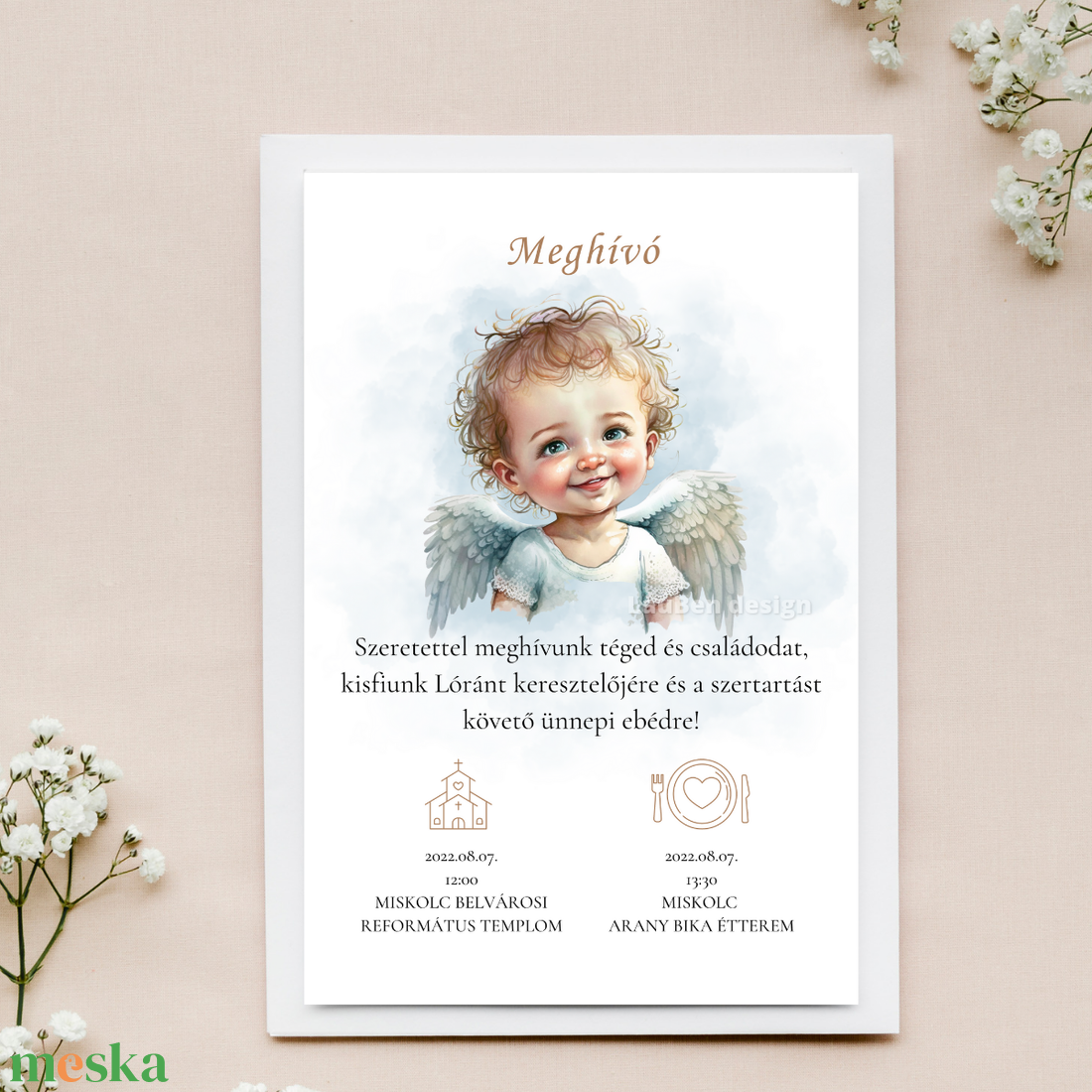 Keresztelési meghívó (angyalkás) - otthon & életmód - papír, írószer - ajándékozás kellékei - meghívó - Meska.hu