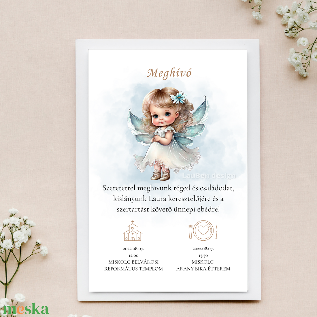 Keresztelési meghívó (angyalkás) - otthon & életmód - papír, írószer - ajándékozás kellékei - meghívó - Meska.hu
