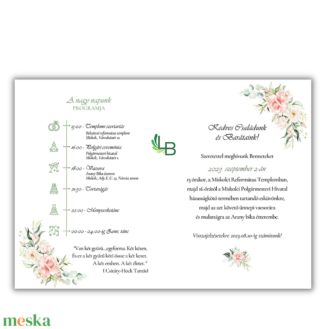 Esküvői meghívó,pink blush díszítéssel - esküvő - meghívó & kártya - meghívó - Meska.hu