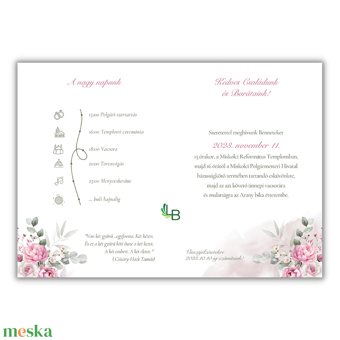Esküvői meghívó,pink virágos díszítéssel - esküvő - meghívó & kártya - meghívó - Meska.hu