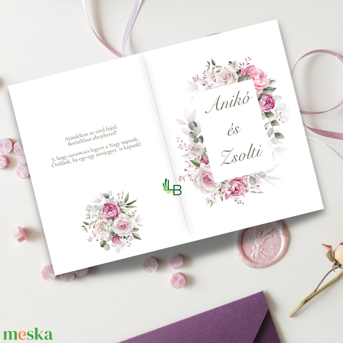 Esküvői meghívó,pink virágos díszítéssel - esküvő - meghívó & kártya - meghívó - Meska.hu