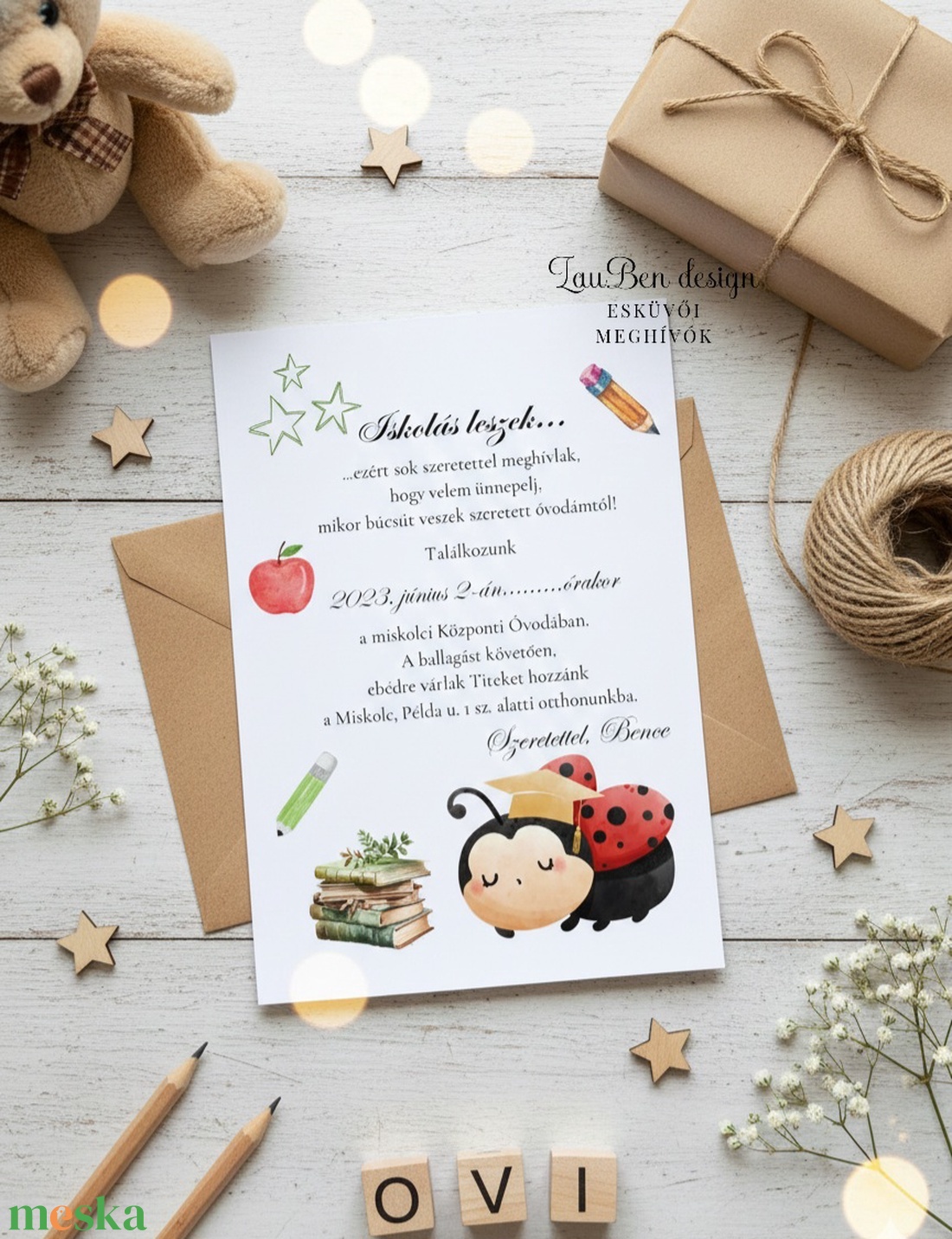 Ballagási meghívó kalapos katicával - otthon & életmód - papír, írószer - ajándékozás kellékei - meghívó - Meska.hu