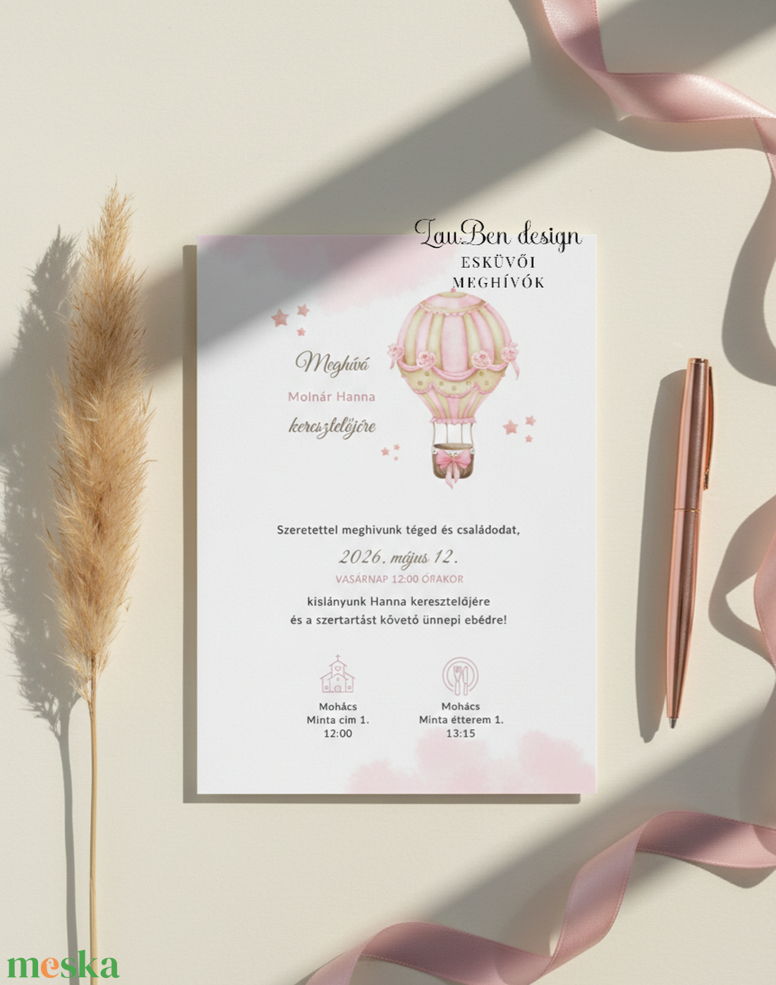 Keresztelési meghívó hőlégballonnal, kislányak - otthon & életmód - papír, írószer - ajándékozás kellékei - meghívó - Meska.hu