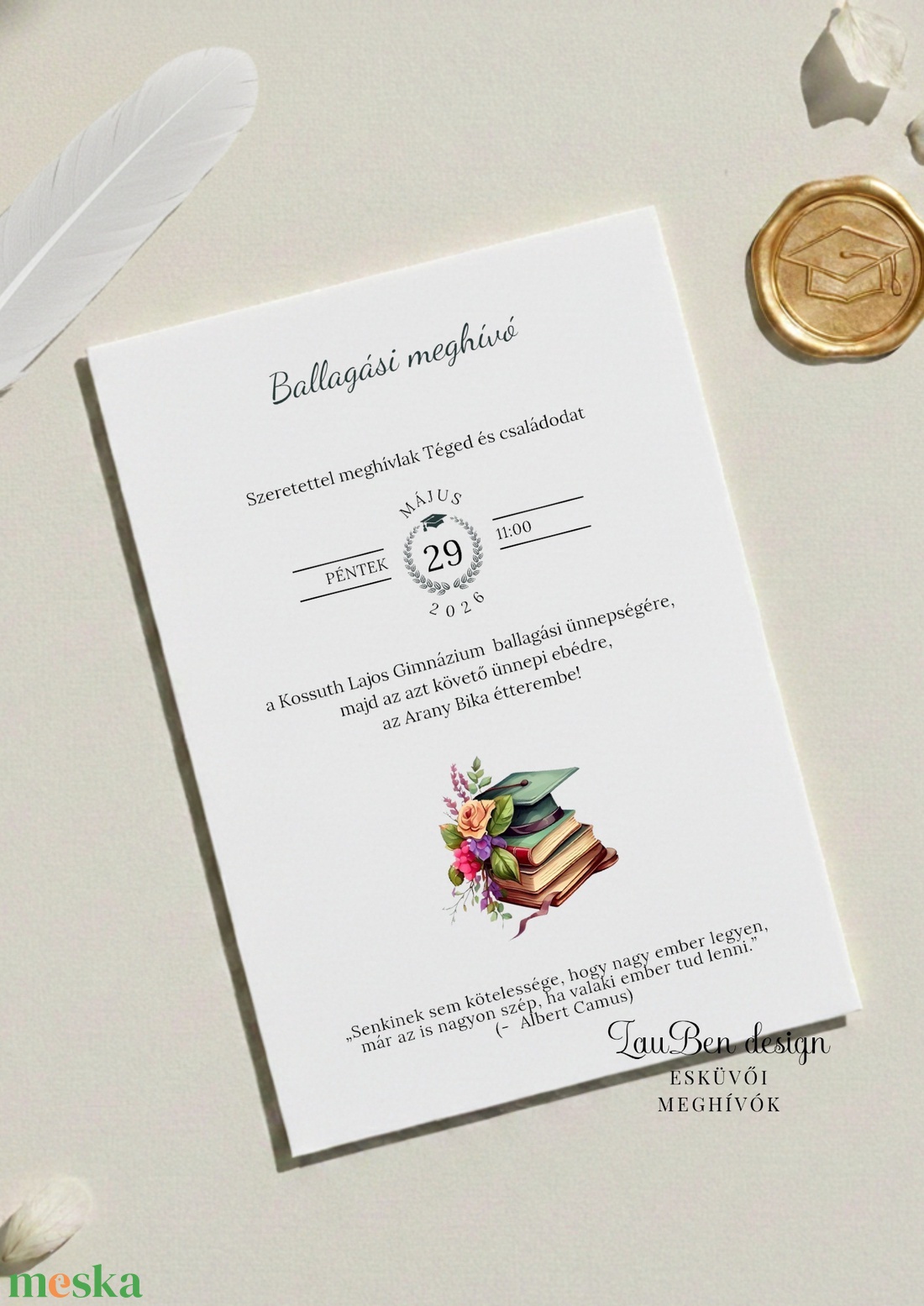 Iskolai ballagási meghívó könyvekkel, zöldes színekkel - otthon & életmód - papír, írószer - ajándékozás kellékei - meghívó - Meska.hu