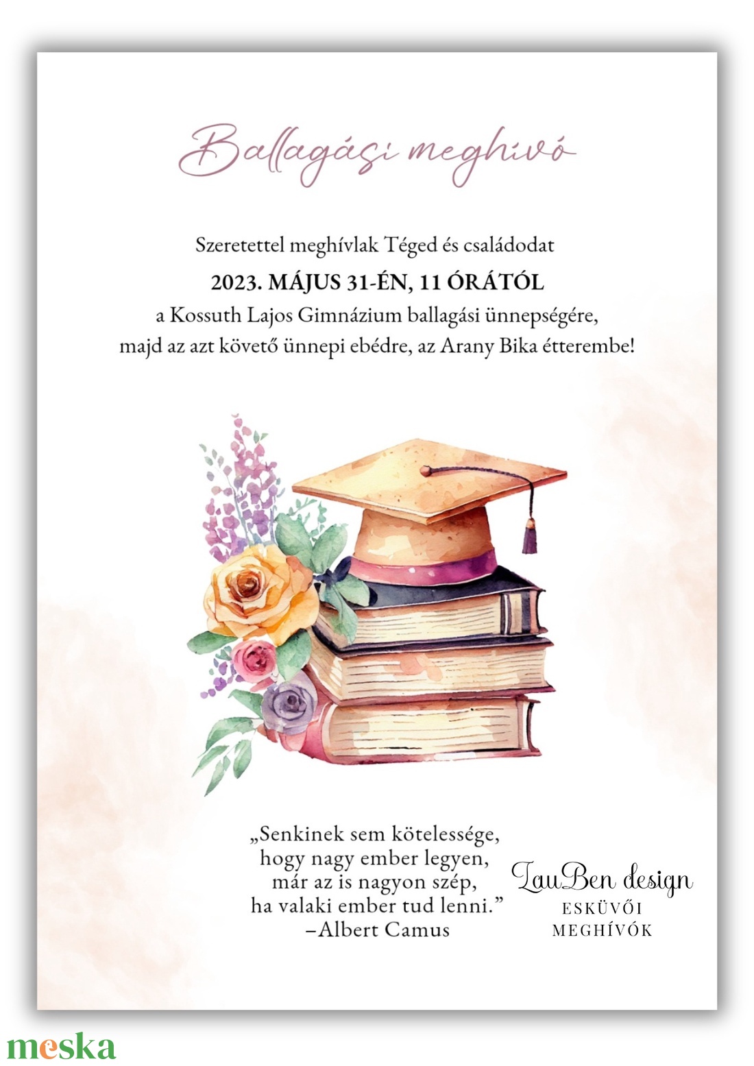 Iskolai ballagási meghívó könyvekkel, csajos színben - otthon & életmód - papír, írószer - ajándékozás kellékei - meghívó - Meska.hu