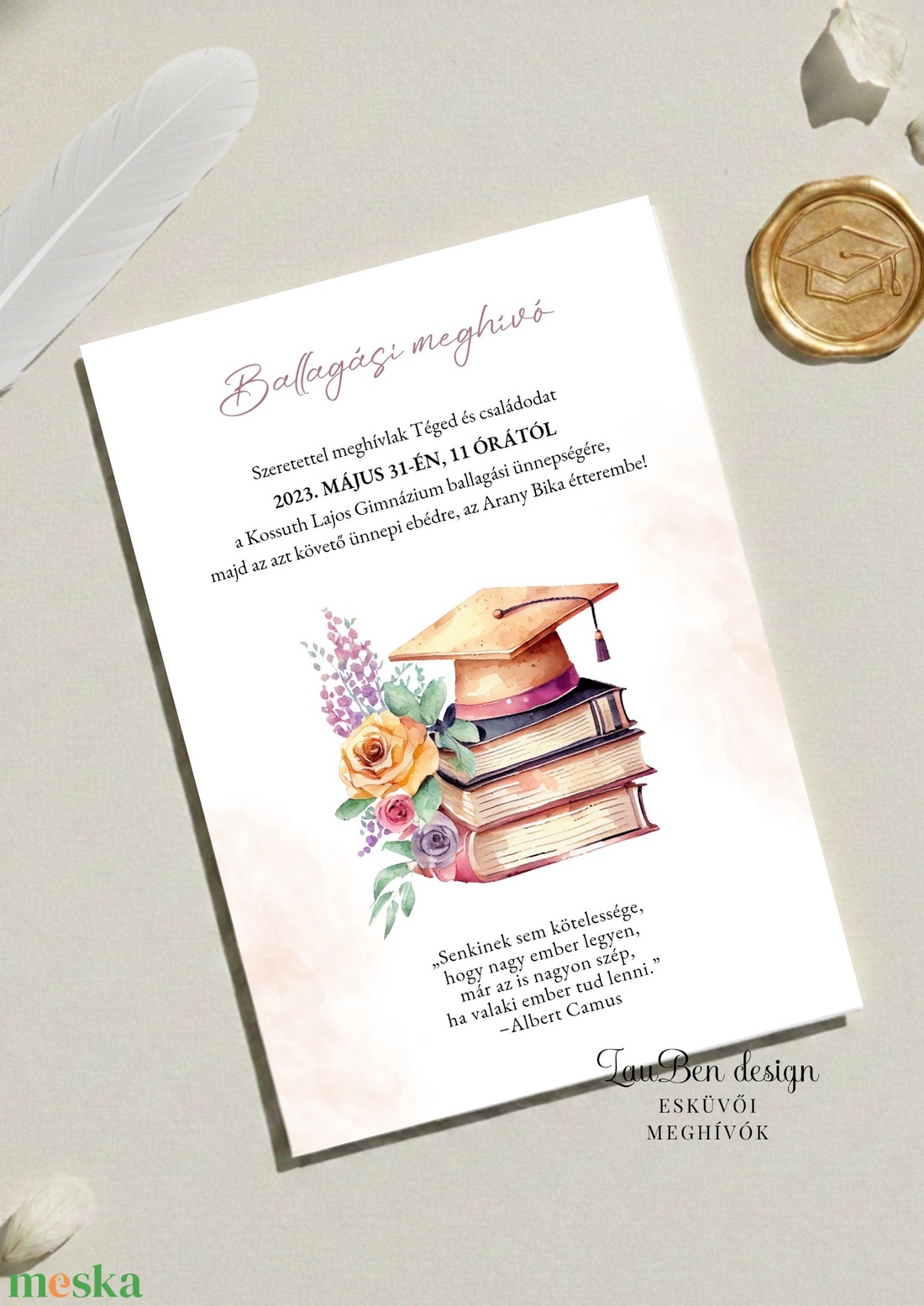 Iskolai ballagási meghívó könyvekkel, csajos színben - otthon & életmód - papír, írószer - ajándékozás kellékei - meghívó - Meska.hu