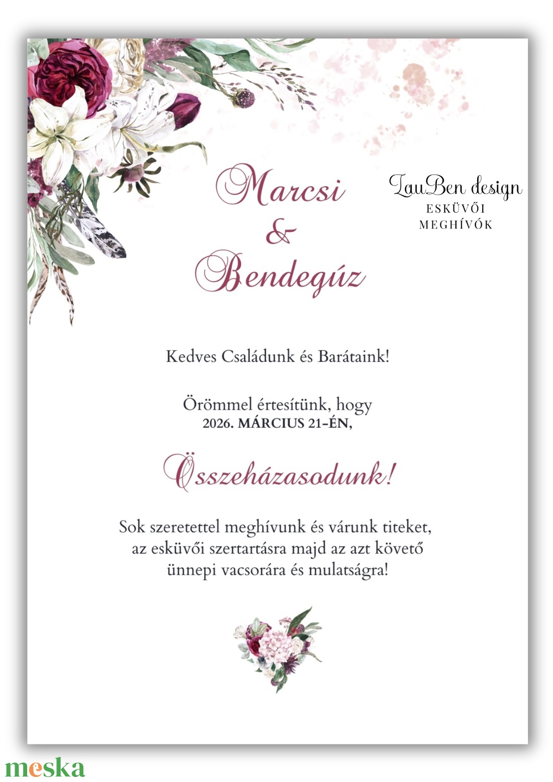 Elegáns bazsarózsás, burgundi esküvői meghívó programleírással - esküvő - meghívó & kártya - meghívó - Meska.hu