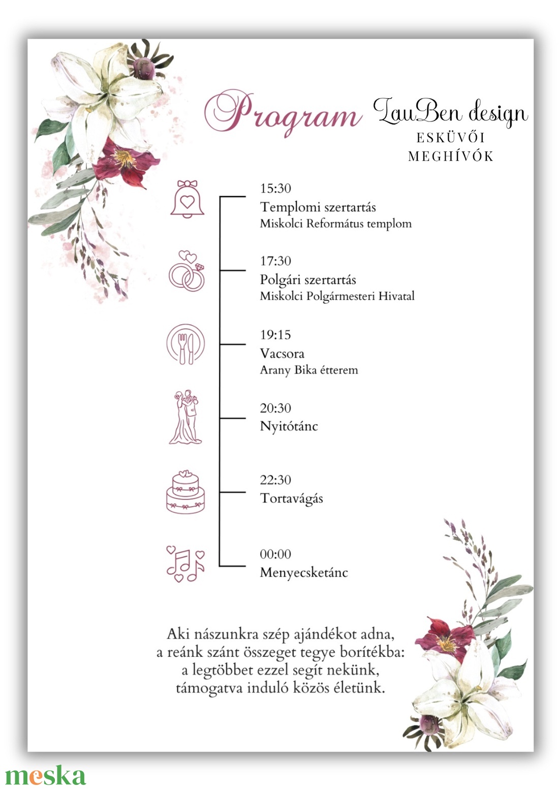 Elegáns bazsarózsás, burgundi esküvői meghívó programleírással - esküvő - meghívó & kártya - meghívó - Meska.hu