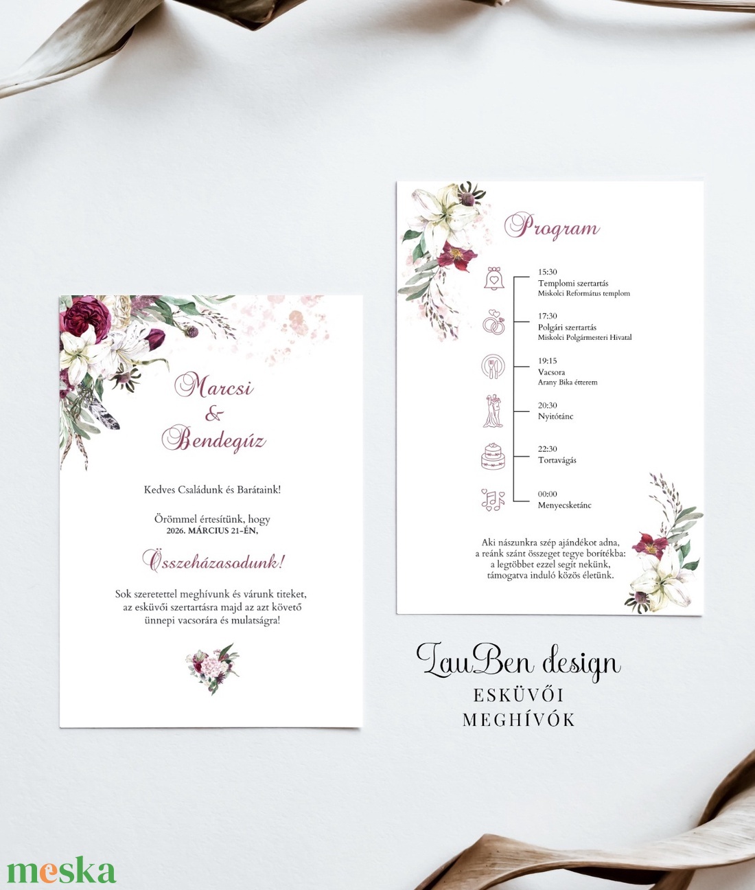 Elegáns bazsarózsás, burgundi esküvői meghívó programleírással - esküvő - meghívó & kártya - meghívó - Meska.hu